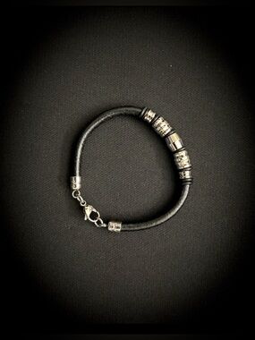 Black Leather Cord Bracelet with Silver Accents 8”